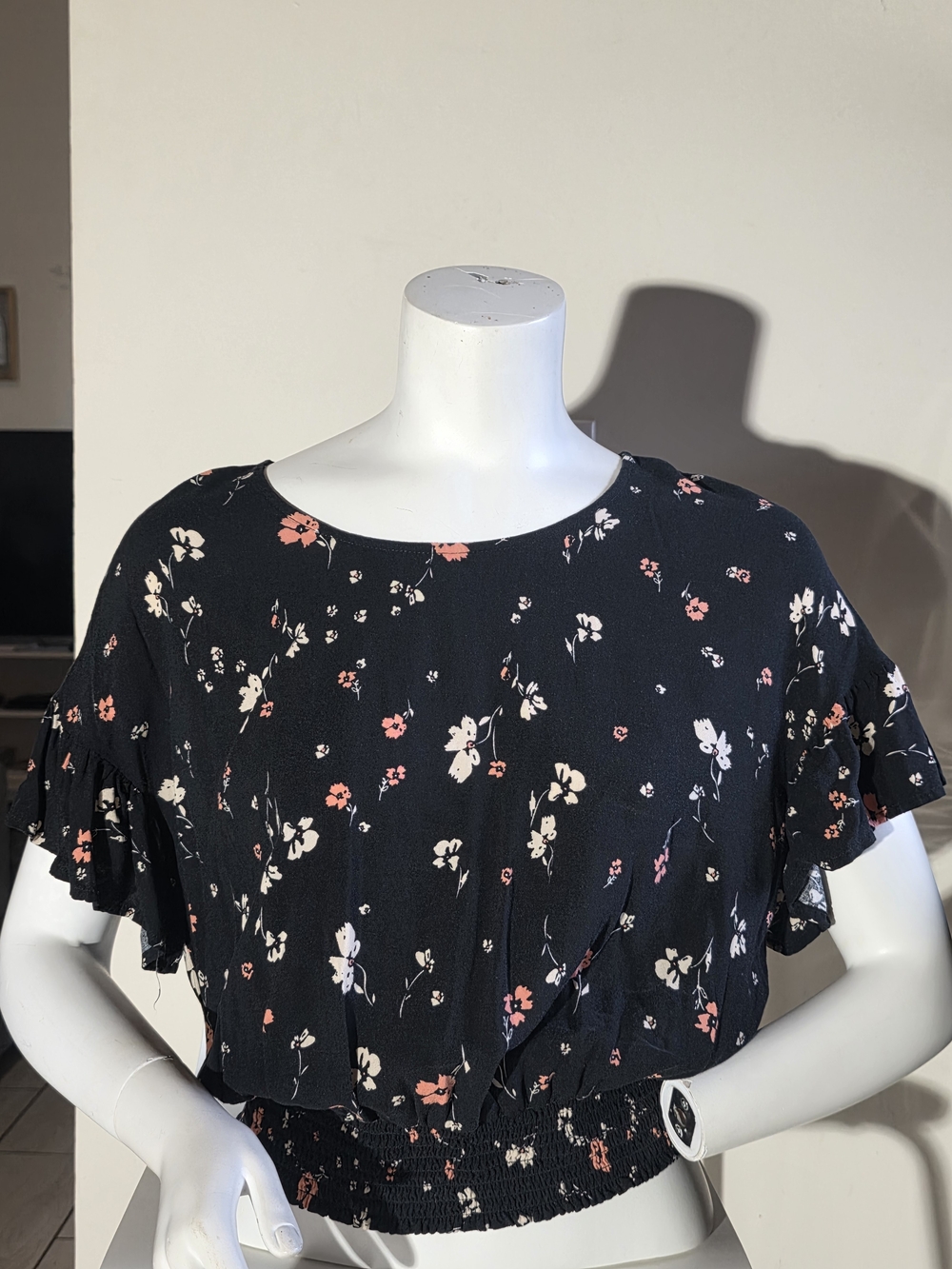 Love, Fire Black Floral Crop Top with Pink and Cream Blossoms (Size L)